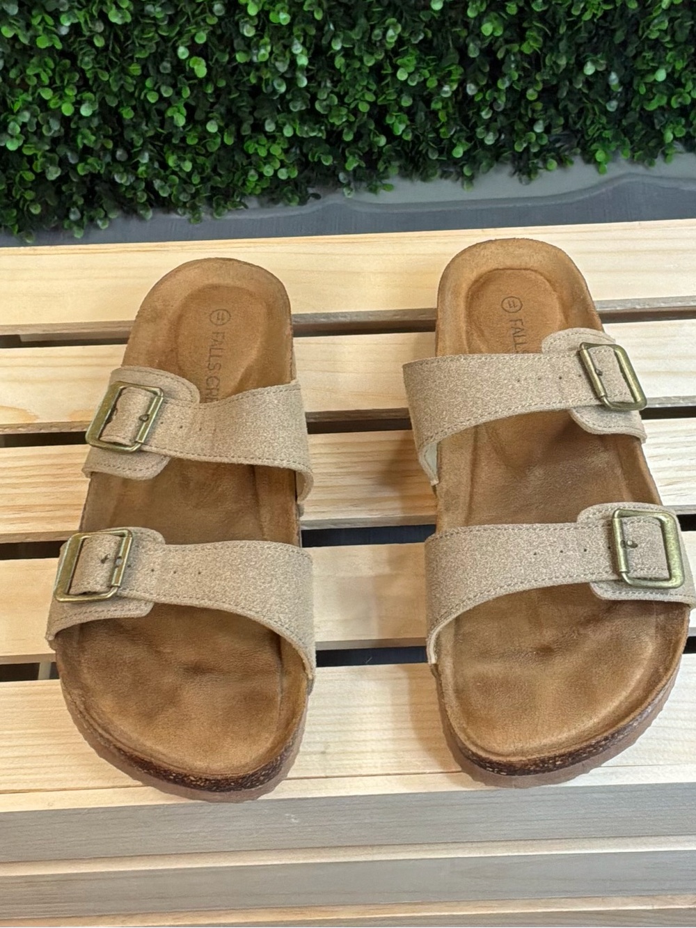 Falls Creek Tan Neutral Two-Strap Buckle Slide Sandals Women’s 11 Spring Summer